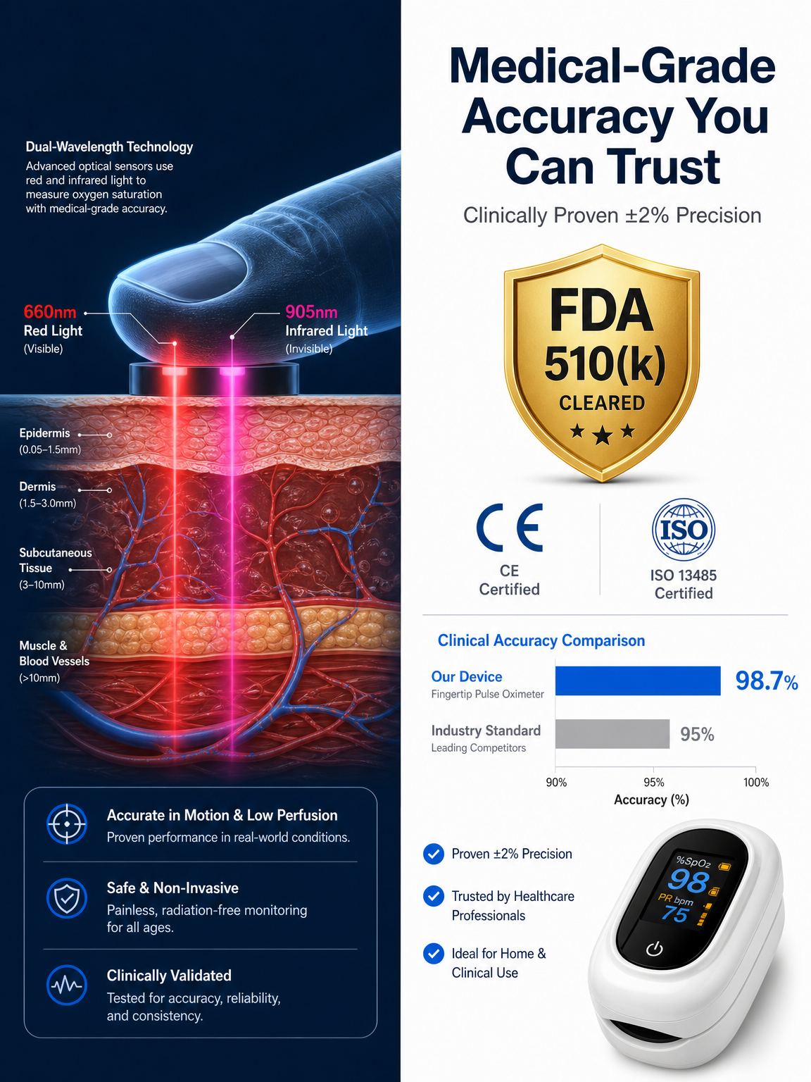 Home-use device for measuring heart rate, pulse rate and blood oxygen level