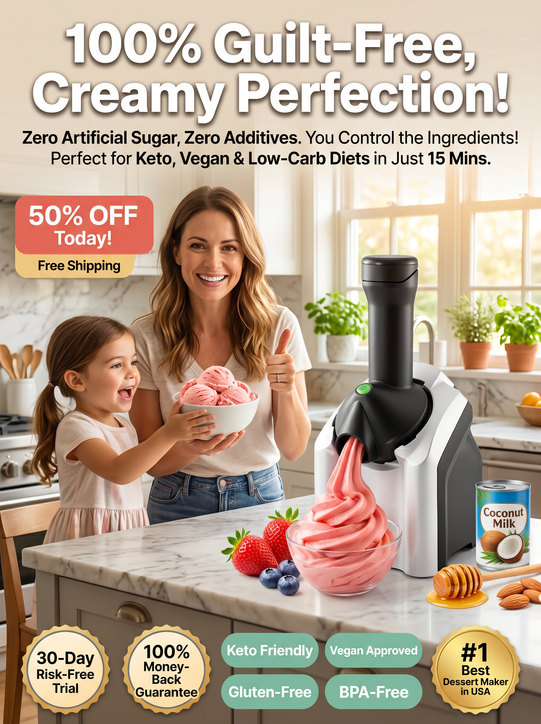 100% Pure Fruit Ice Cream Maker - 60s Auto Dessert Machine, Healthy & Zero Fat for Family