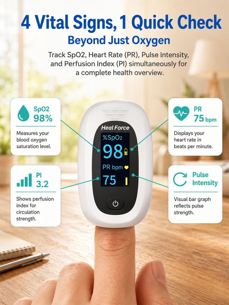 Home-use device for measuring heart rate, pulse rate and blood oxygen level