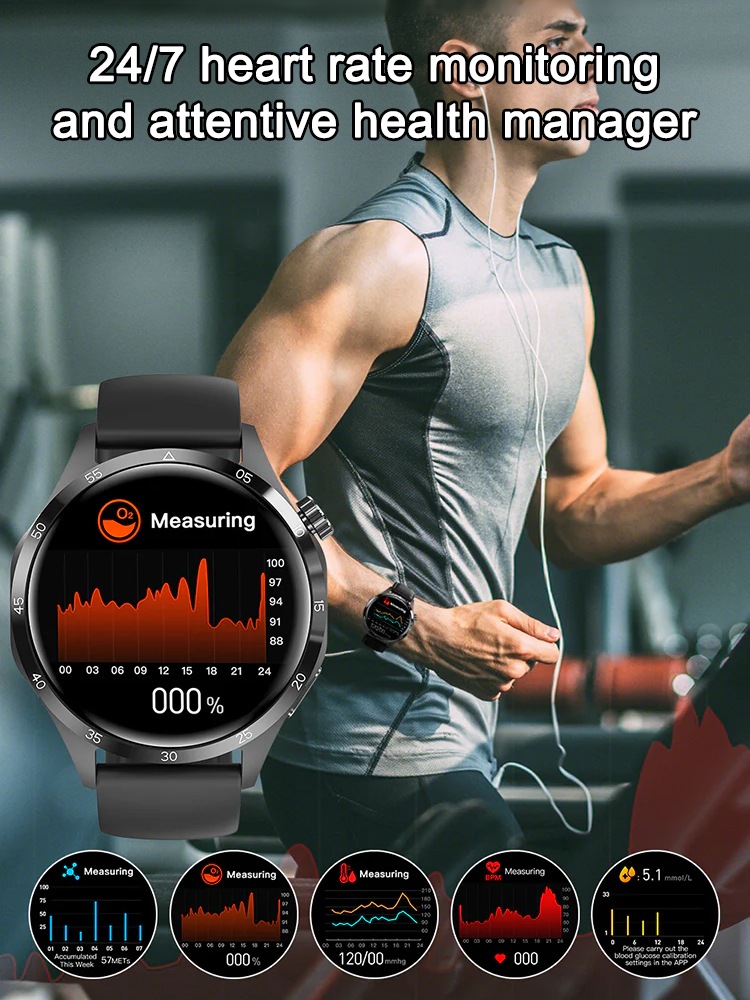 Waterproof smartwatch with blood glucose and heart rate monitoring