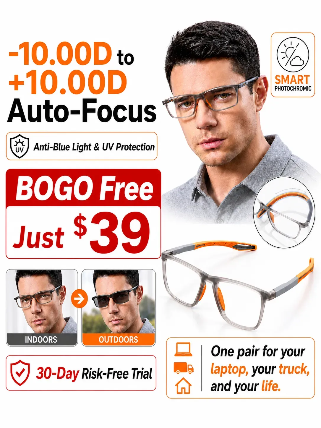 No eye exam needed • Lifetime use • Auto-focus from -10.00D-+10.00D — Multifocal sports glasses