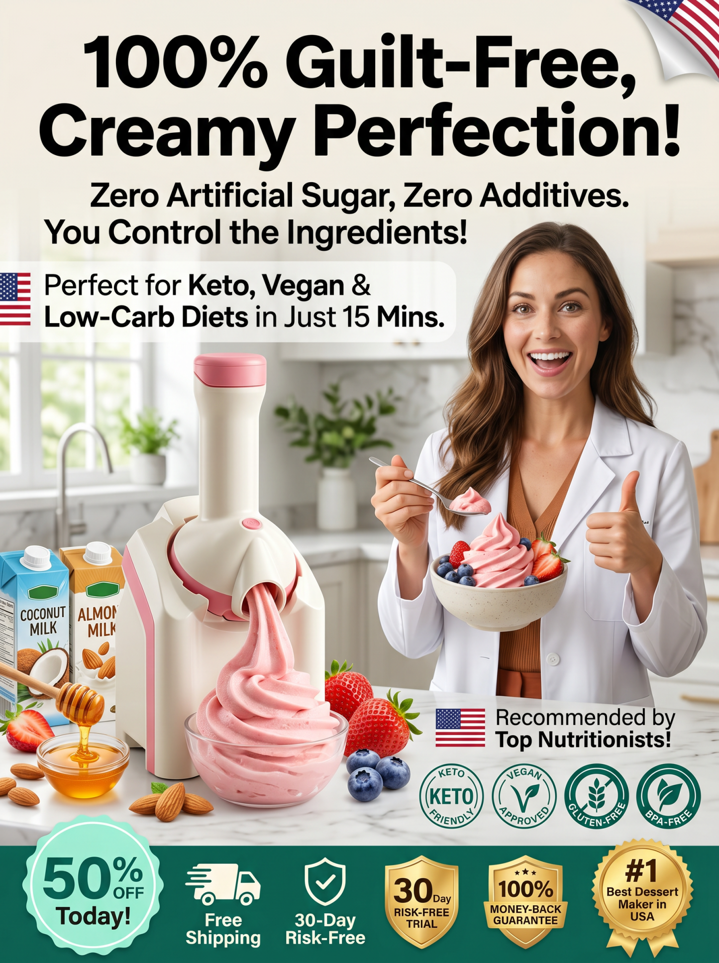 100% Pure Fruit Ice Cream Maker - 60s Auto Dessert Machine, Healthy & Zero Fat for Family