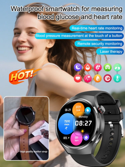 Waterproof smartwatch with blood glucose and heart rate monitoring