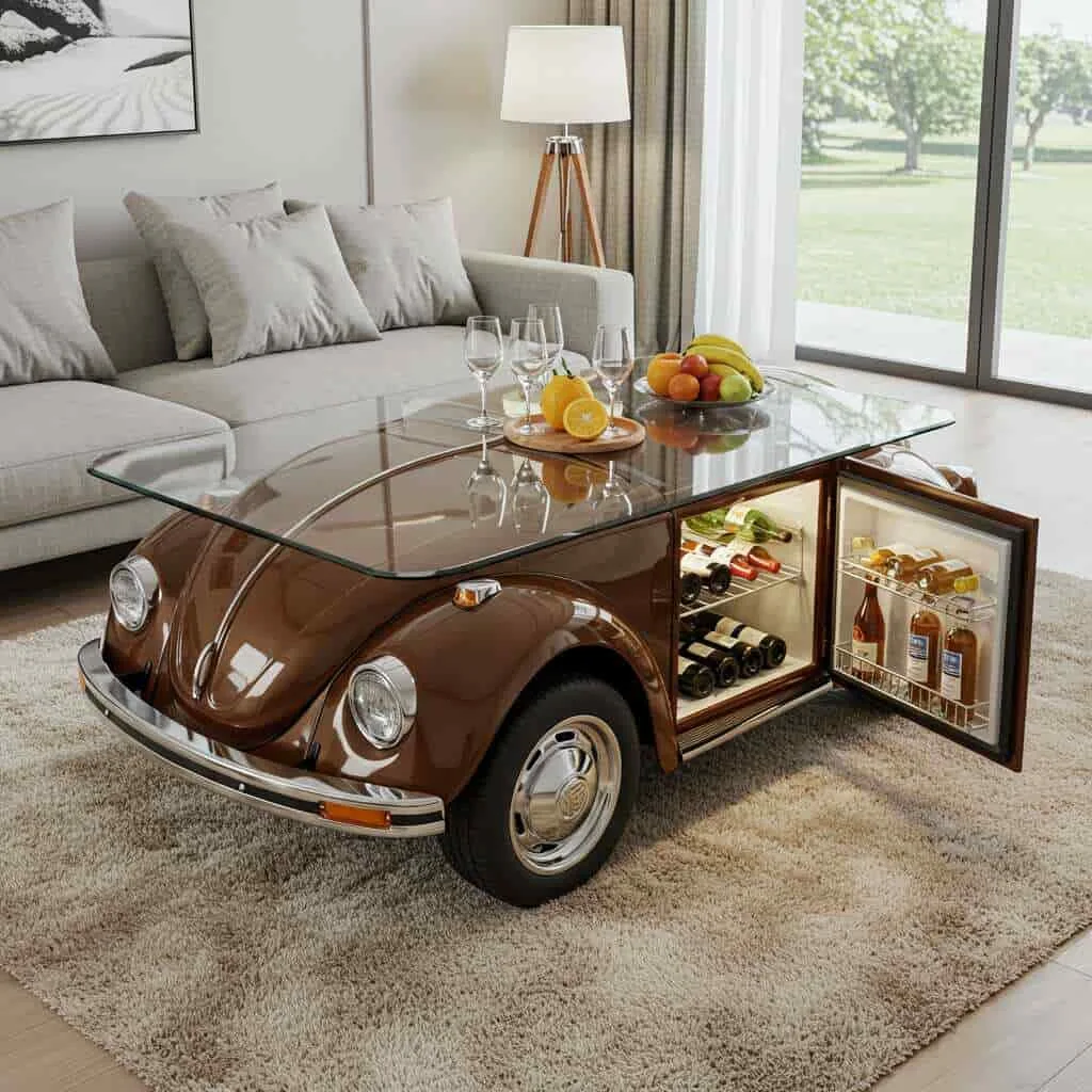 The Artistic and Functional Appeal of a VW Beetle Inspired Coffee Table with Built-in Fridge