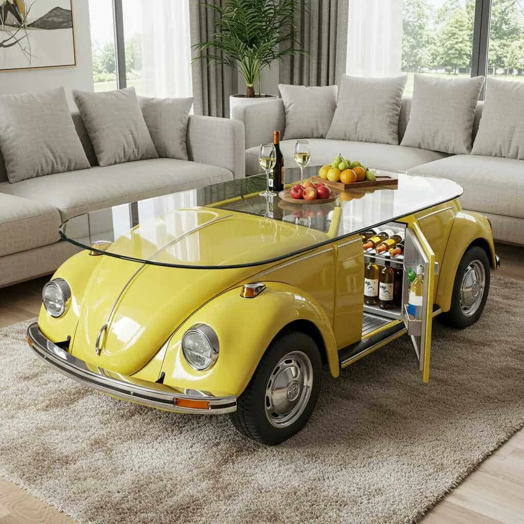 The Artistic and Functional Appeal of a VW Beetle Inspired Coffee Table with Built-in Fridge