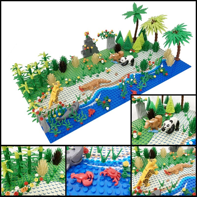Tropical Rainforest Scene Set, Flower, Grass, Forest, Riverside Scene Building Blocks, Tree, Animal, And Plant Scene Moc - No Drawings