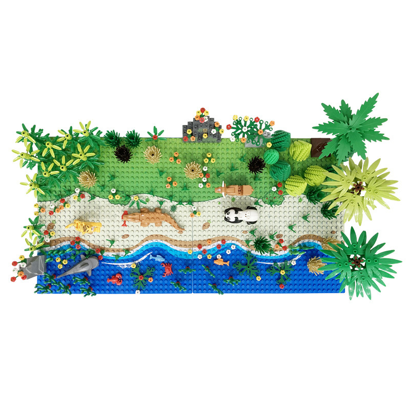Tropical Rainforest Scene Set, Flower, Grass, Forest, Riverside Scene Building Blocks, Tree, Animal, And Plant Scene Moc - No Drawings