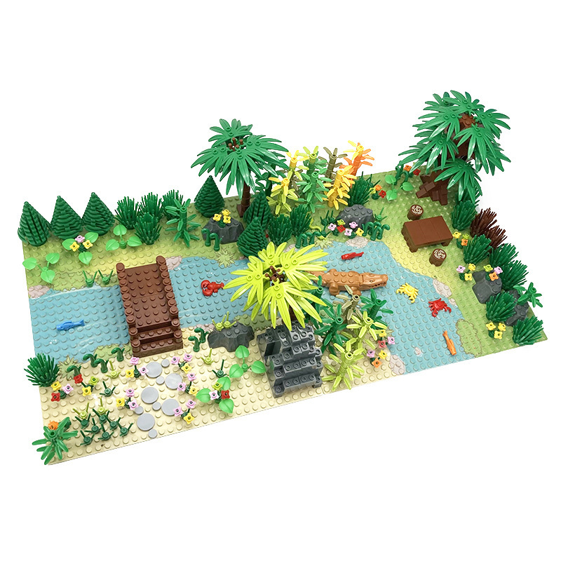 Tropical Rainforest Scene Set, Flower, Grass, Forest, Riverside Scene Building Blocks, Tree, Animal, And Plant Scene Moc - No Drawings