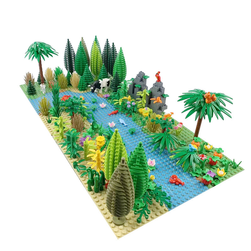 Tropical Rainforest Scene Set, Flower, Grass, Forest, Riverside Scene Building Blocks, Tree, Animal, And Plant Scene Moc - No Drawings