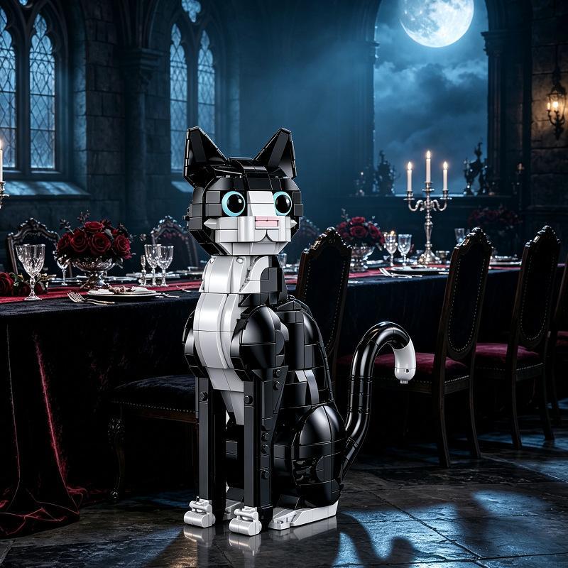Skeleton Cat Building Block Set, Small-Particle Gothic Halloween Building Toy (Non-GoBricks Brand)