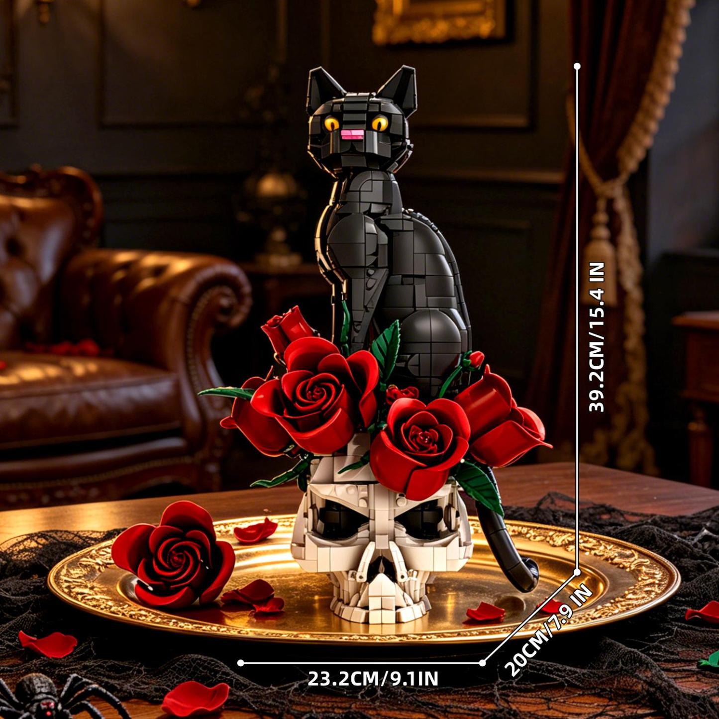 Skeleton Cat Building Block Set, Small-Particle Gothic Halloween Building Toy (Non-GoBricks Brand)