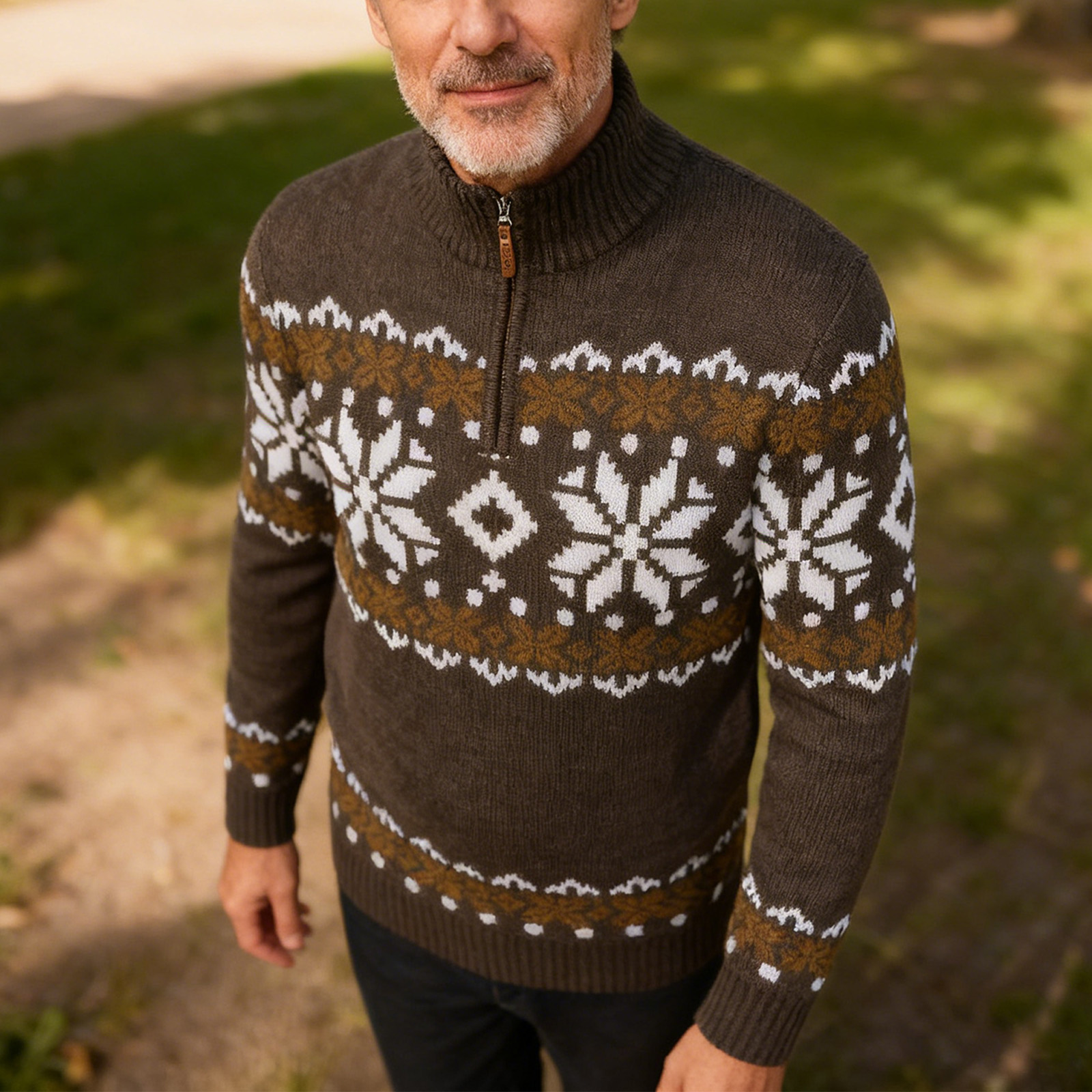 Vintage Warmth Norwool Knit Jacquard Icelandic Half Zip Collar Sweater