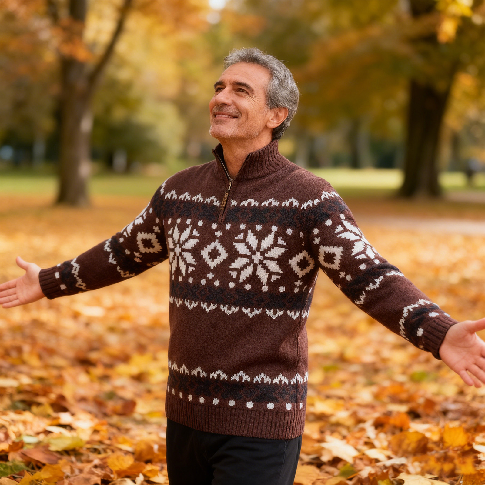 Vintage Warmth Norwool Knit Jacquard Icelandic Half Zip Collar Sweater