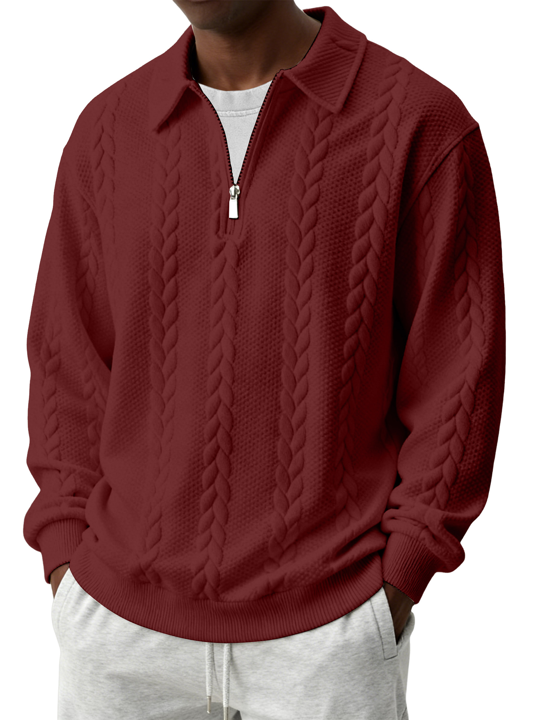 Men's Casual Comfortable Jacquard Turn-Down Collar Quarter Zips Long Sleeve Sweatshirt