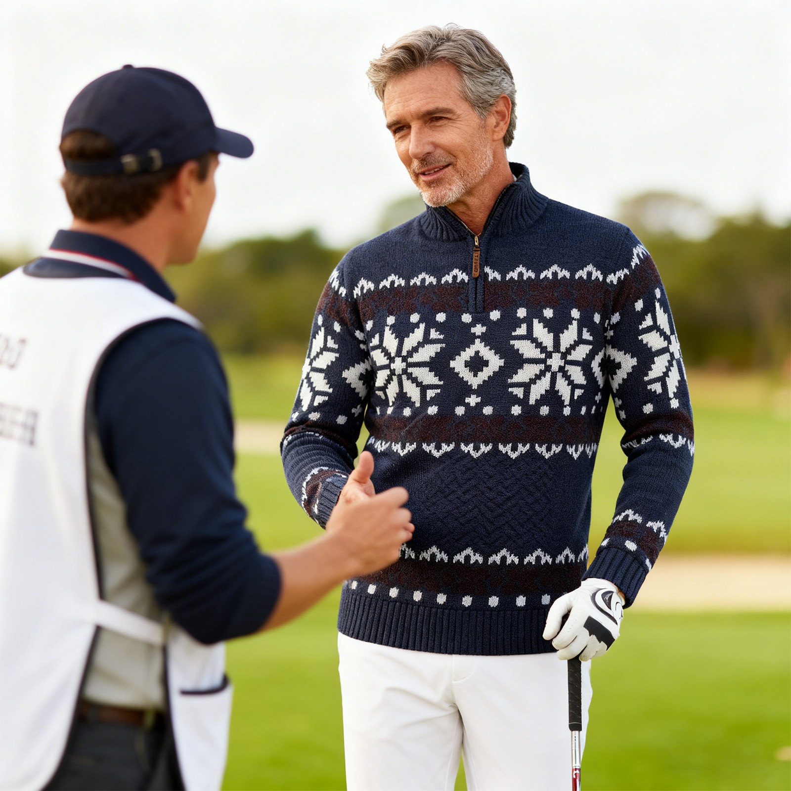 Vintage Warmth Norwool Knit Jacquard Icelandic Half Zip Collar Sweater