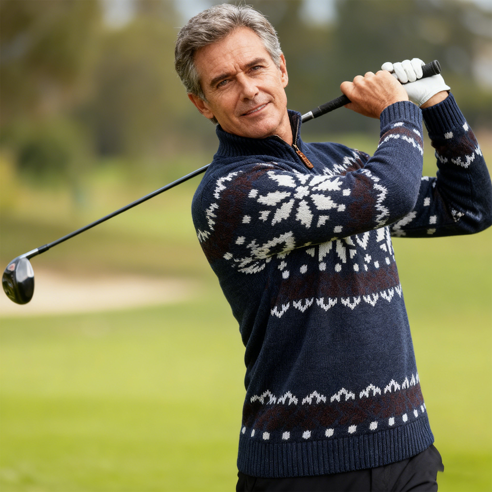 Vintage Warmth Norwool Knit Jacquard Icelandic Half Zip Collar Sweater