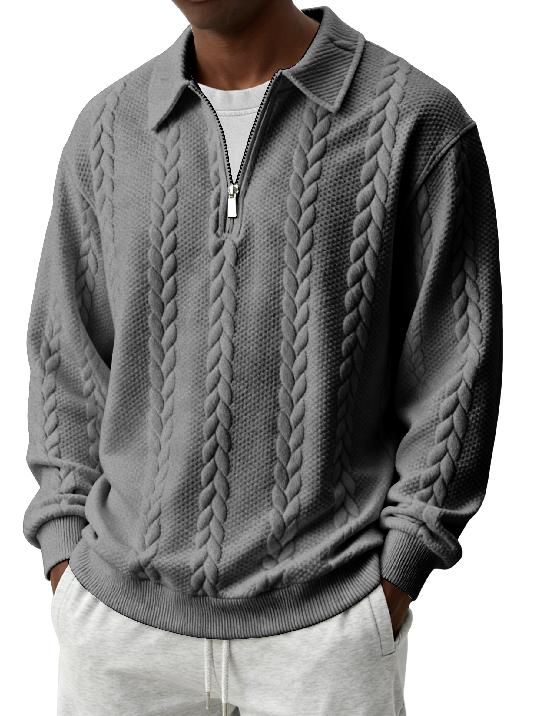 Men's Casual Comfortable Jacquard Turn-Down Collar Quarter Zips Long Sleeve Sweatshirt