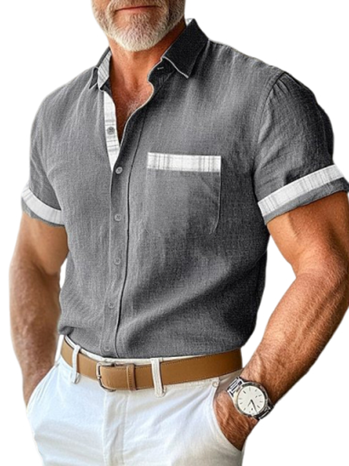 Men's Linen Colorblock Breathable Short Sleeve Beach Shirt