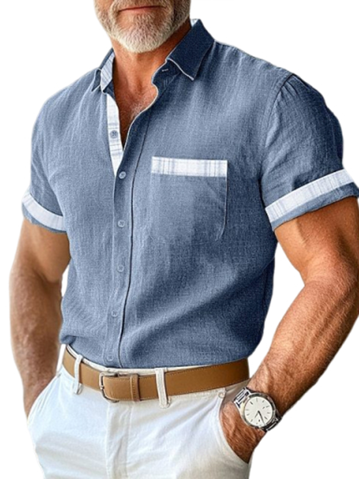 Men's Linen Colorblock Breathable Short Sleeve Beach Shirt