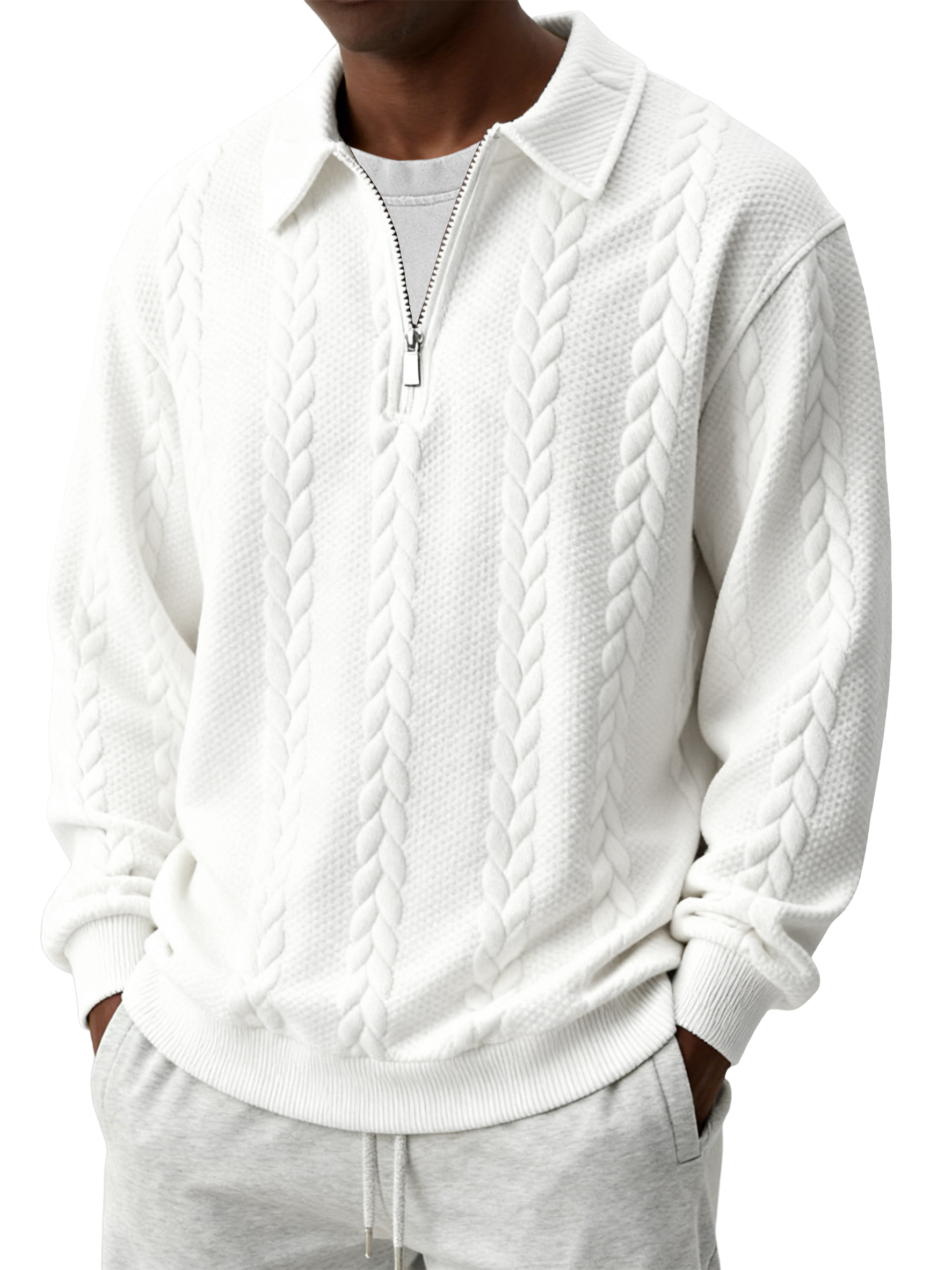 Men's Casual Comfortable Jacquard Turn-Down Collar Quarter Zips Long Sleeve Sweatshirt