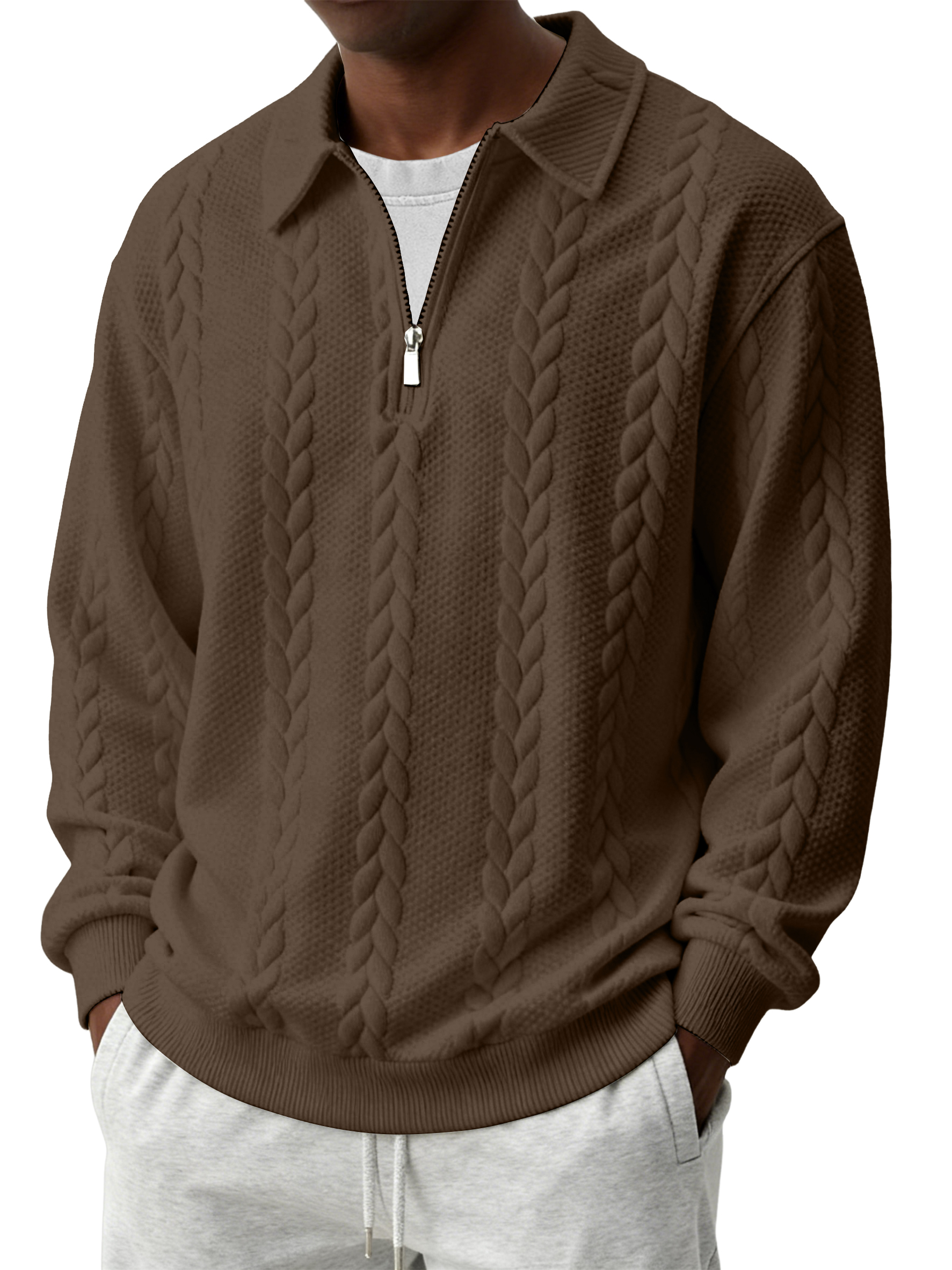 Men's Casual Comfortable Jacquard Turn-Down Collar Quarter Zips Long Sleeve Sweatshirt