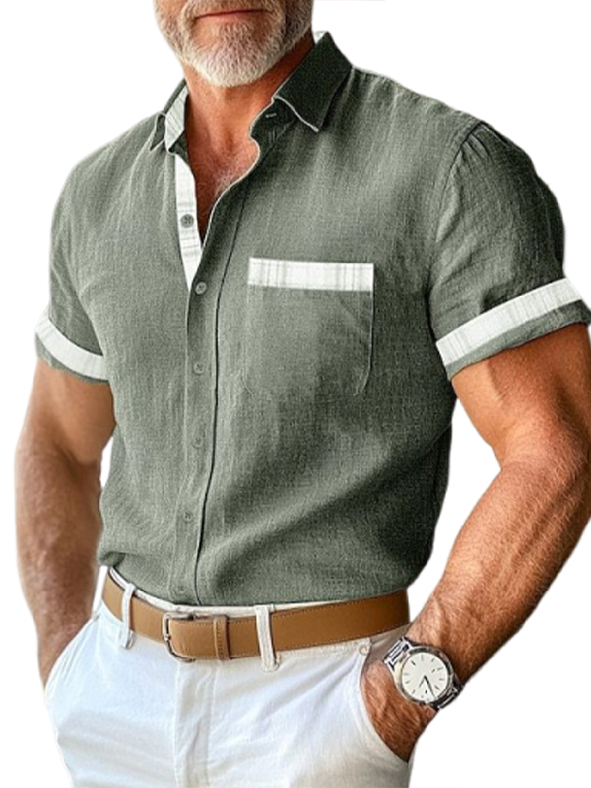 Men's Linen Colorblock Breathable Short Sleeve Beach Shirt