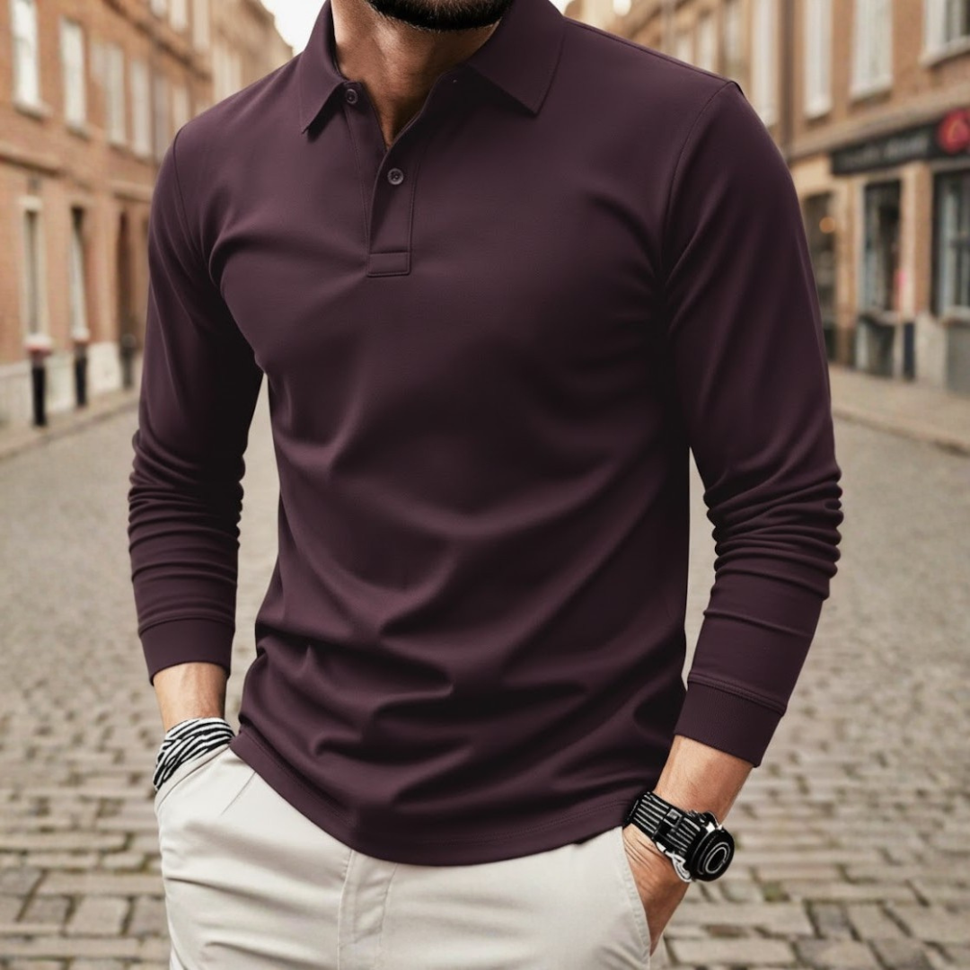 Camisa polo de manga larga para hombre, color sólido, corte holgado, tela de poliéster