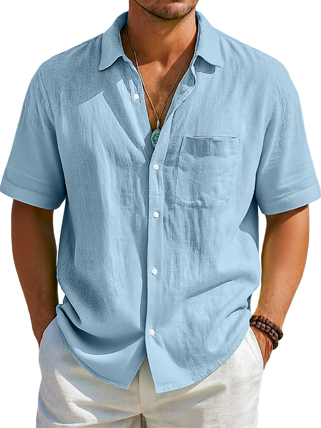 Men's Daily Imitation Linen Casual Pocket Lapel Comfortable Short Sleeve Shirt