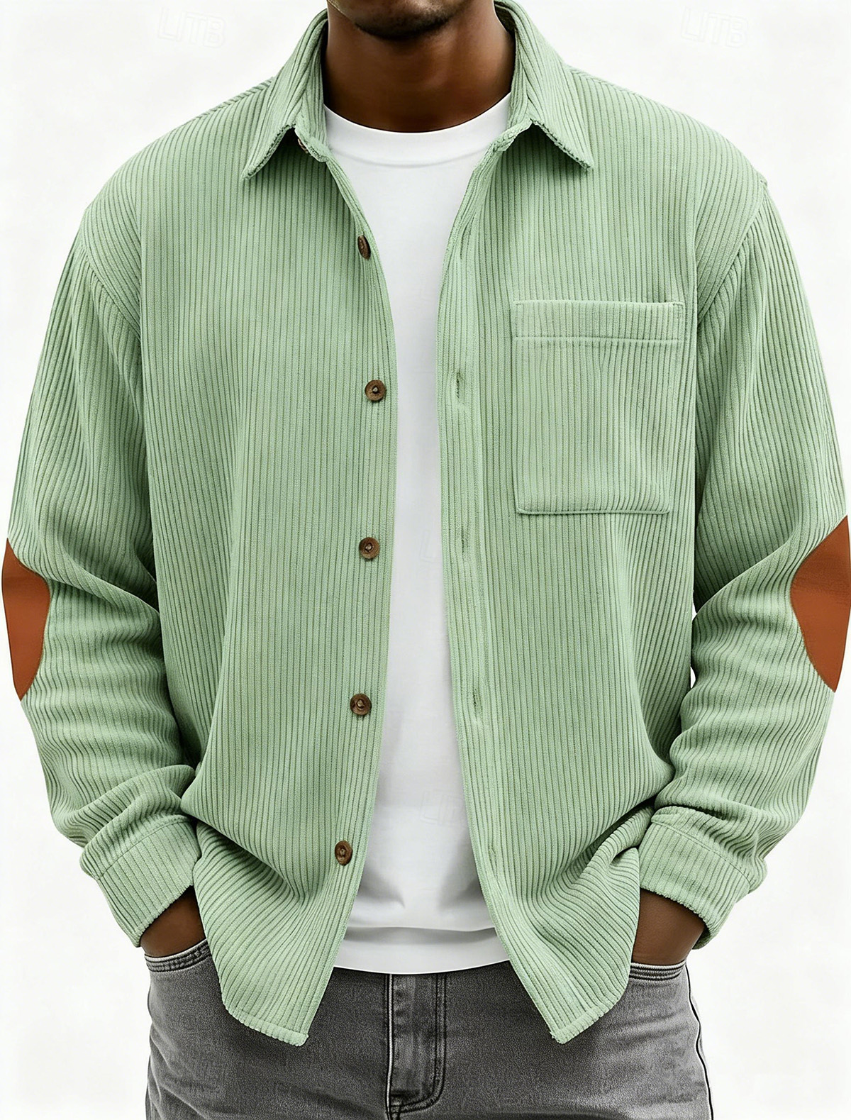 Men's Fashionable Casual Corduroy Patchwork Collared Long-Sleeved Shirt