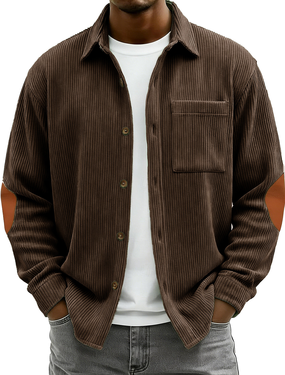 Men's Fashionable Casual Corduroy Patchwork Collared Long-Sleeved Shirt