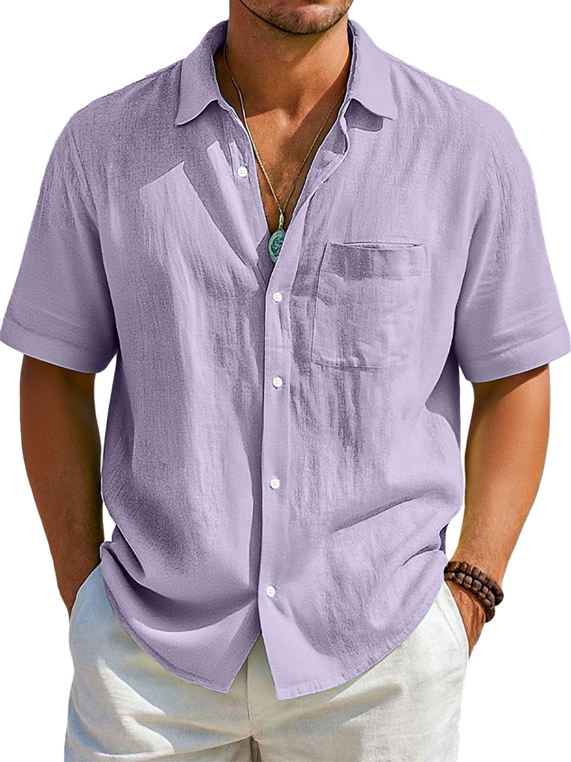 Men's Daily Imitation Linen Casual Pocket Lapel Comfortable Short Sleeve Shirt