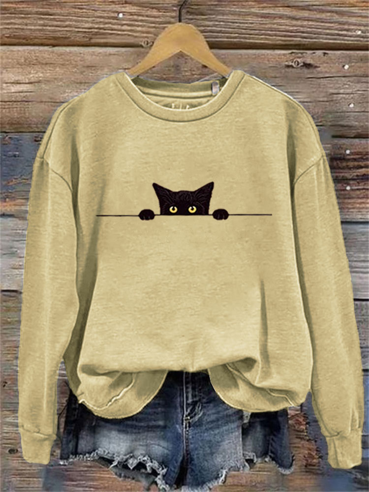 Women's Casual Funny Black Cat Print Sweatshirt