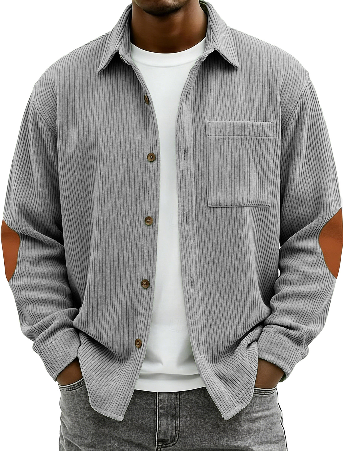 Men's Fashionable Casual Corduroy Patchwork Collared Long-Sleeved Shirt