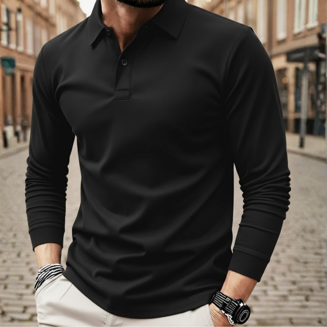 Camisa polo de manga larga para hombre, color sólido, corte holgado, tela de poliéster