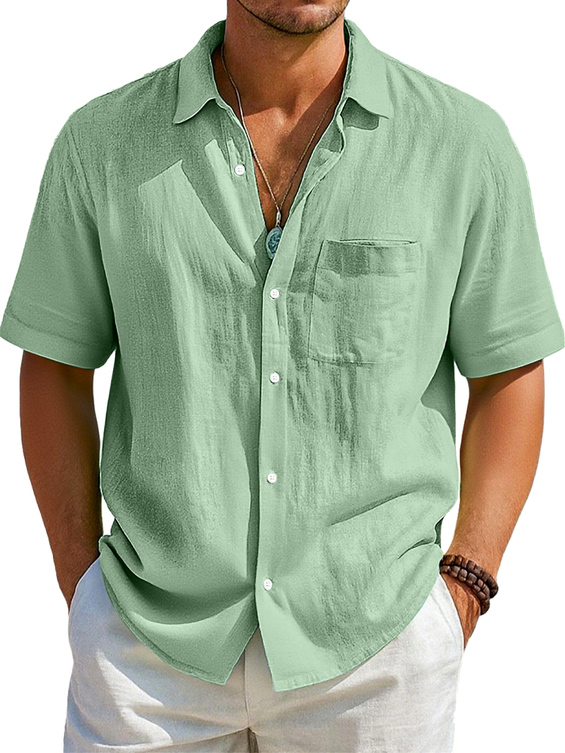 Men's Daily Imitation Linen Casual Pocket Lapel Comfortable Short Sleeve Shirt