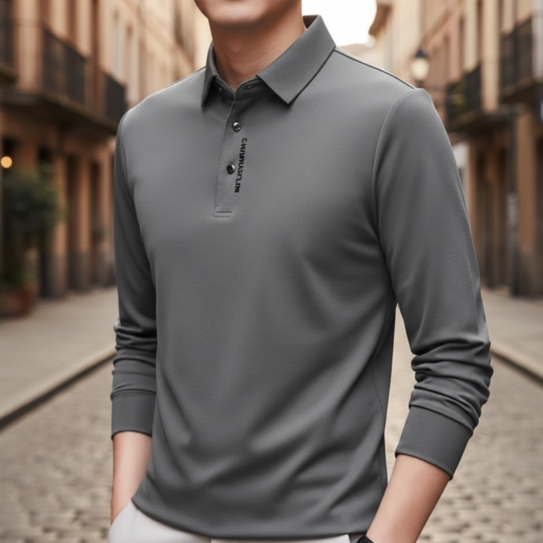 Camisa Polo de Manga Larga Casual de Negocios para Hombre Color Sólido