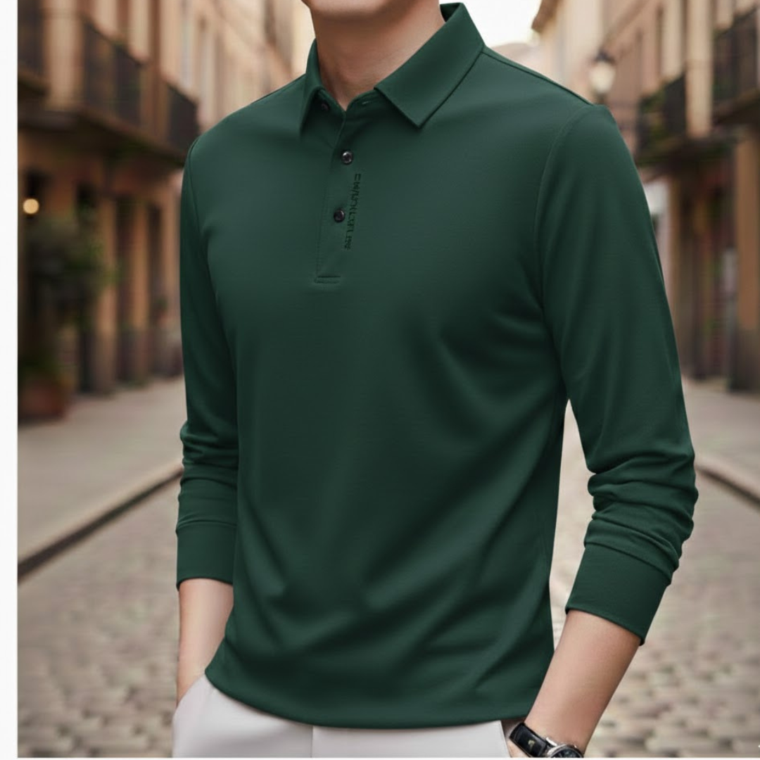 Camisa Polo de Manga Larga Casual de Negocios para Hombre Color Sólido