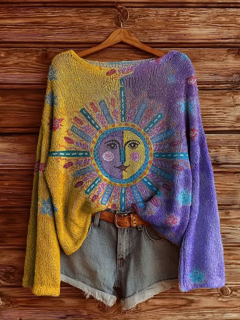 Boho Sun & Moon Knit Sweater – Vintage Oversized Style