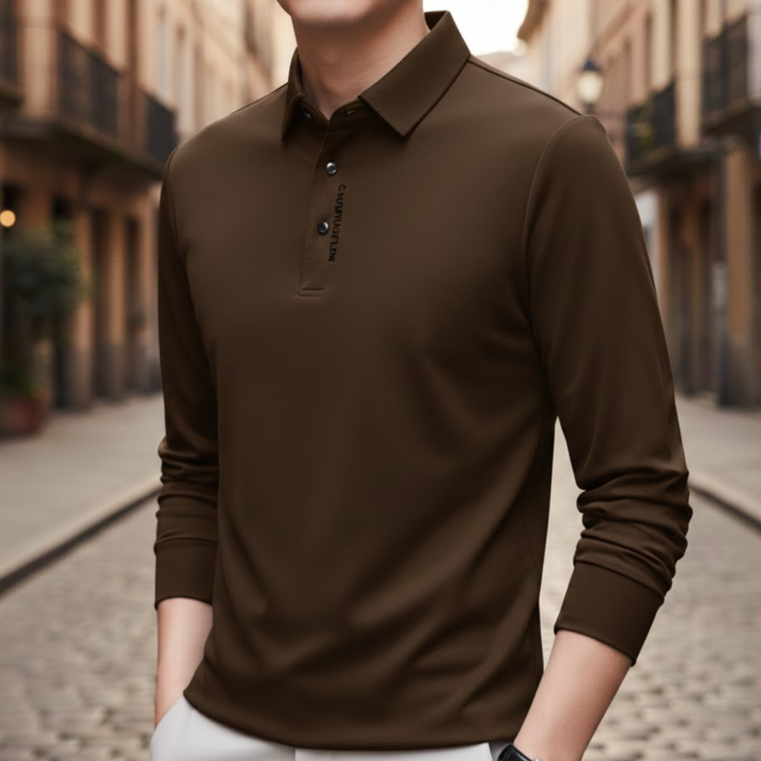 Camisa Polo de Manga Larga Casual de Negocios para Hombre de Color Sólido