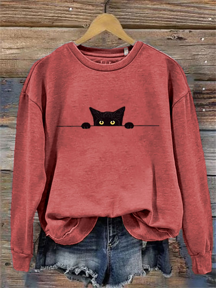 Women's Casual Funny Black Cat Print Sweatshirt
