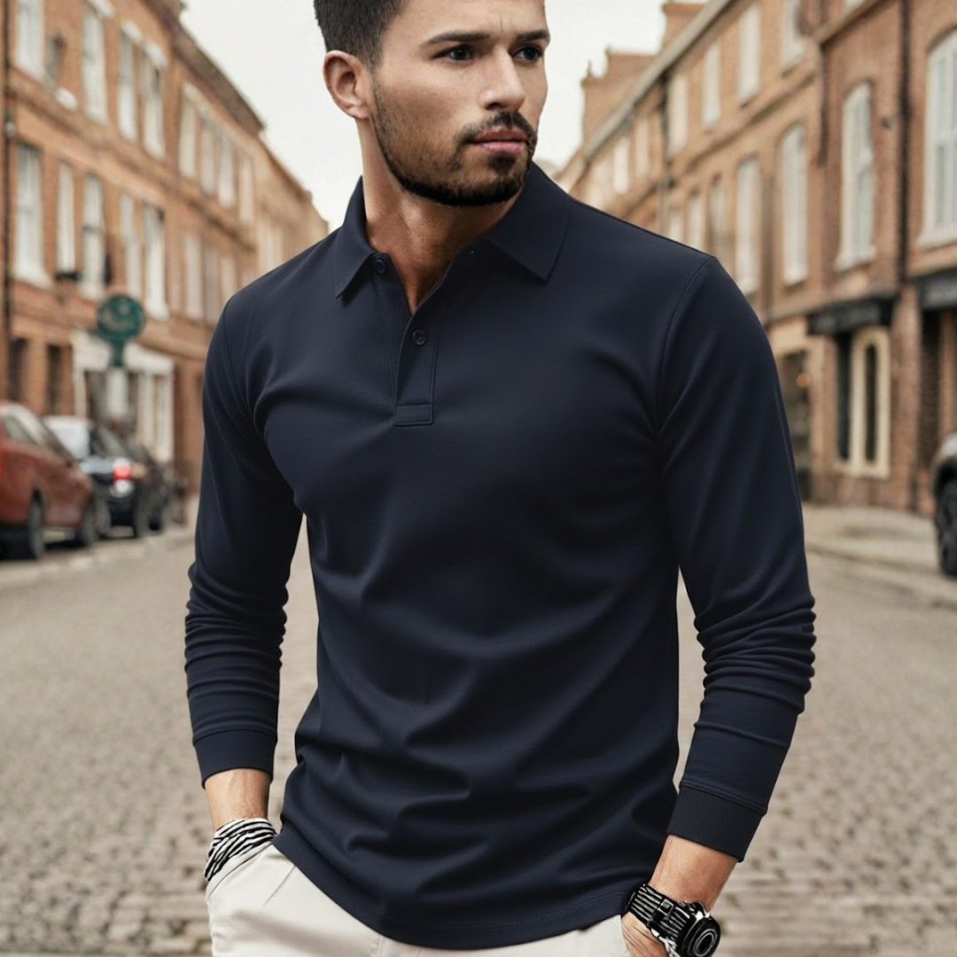 Camisa polo de manga larga para hombre, color sólido, corte holgado, tela de poliéster