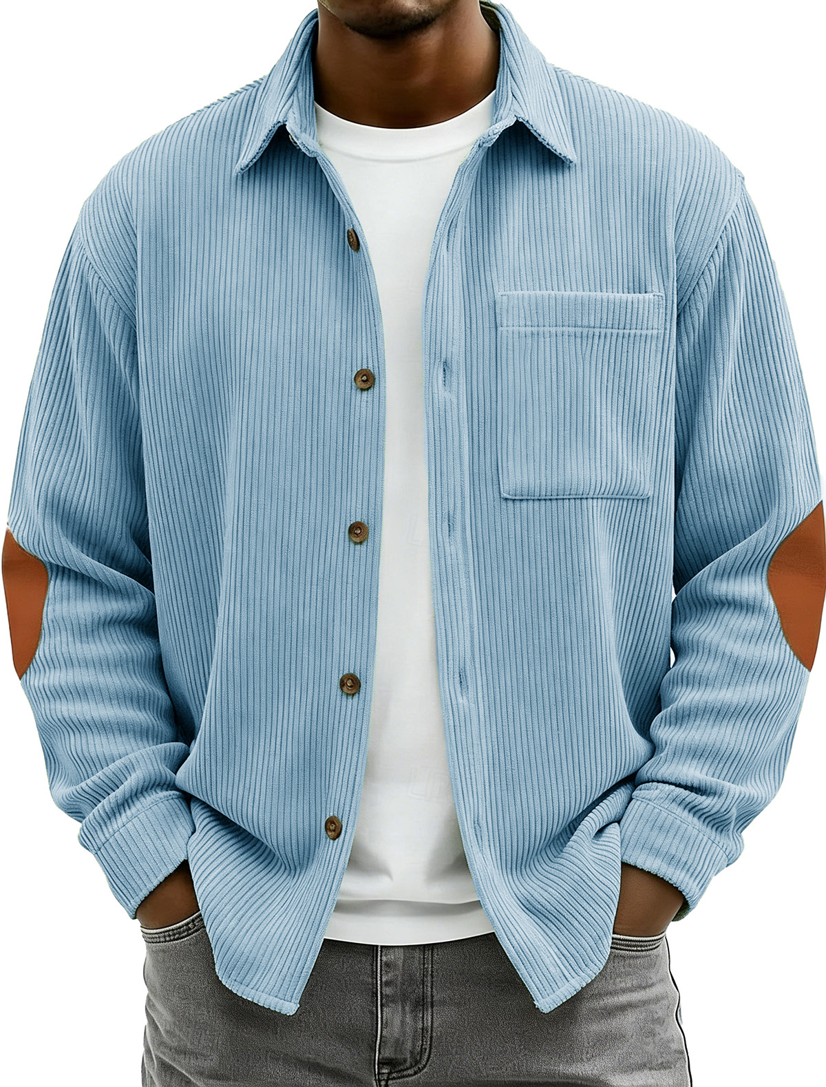 Men's Fashionable Casual Corduroy Patchwork Collared Long-Sleeved Shirt