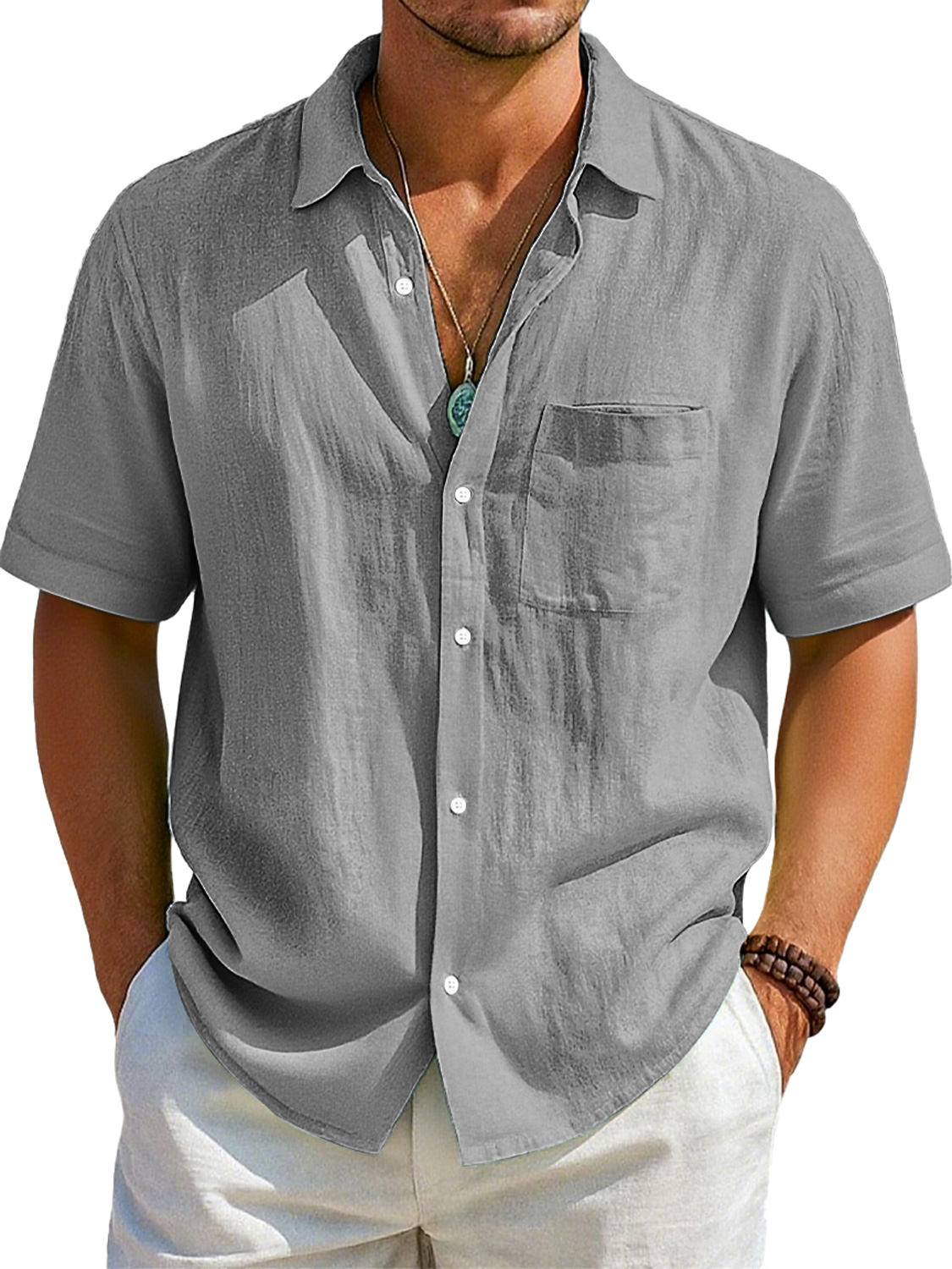 Men's Daily Imitation Linen Casual Pocket Lapel Comfortable Short Sleeve Shirt