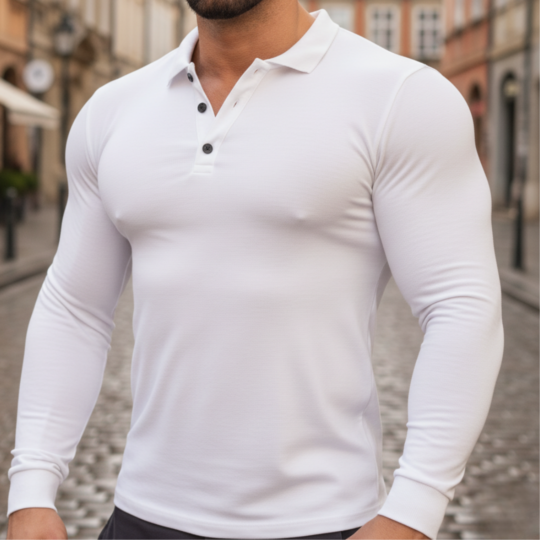 Men Long Sleeve Polo Shirt Polyester Cotton Stretch Autumn Wear
