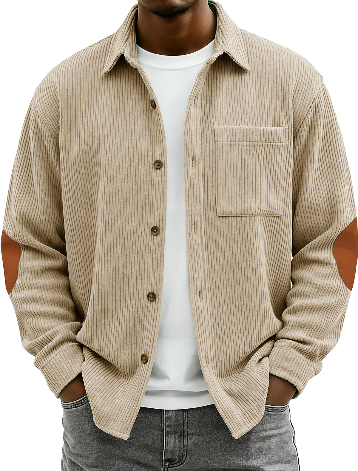 Men's Fashionable Casual Corduroy Patchwork Collared Long-Sleeved Shirt