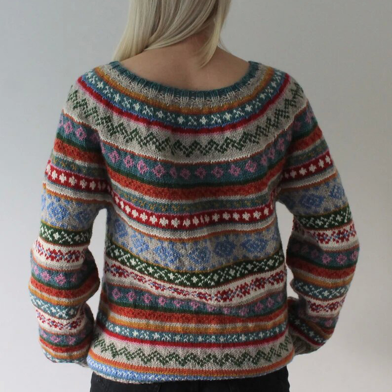 Fairman Island Vintage Pattern Crew Neck Contrast Sweater
