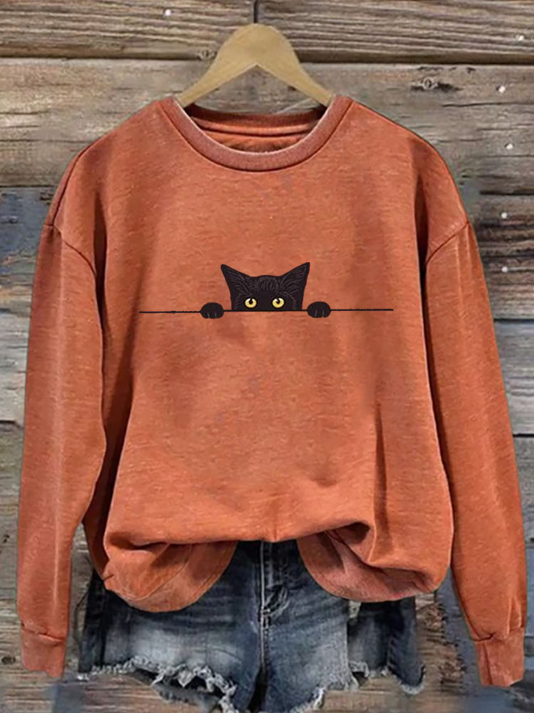 Women's Casual Funny Black Cat Print Sweatshirt