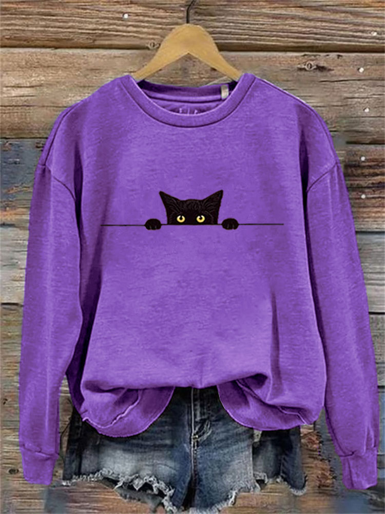 Women's Casual Funny Black Cat Print Sweatshirt