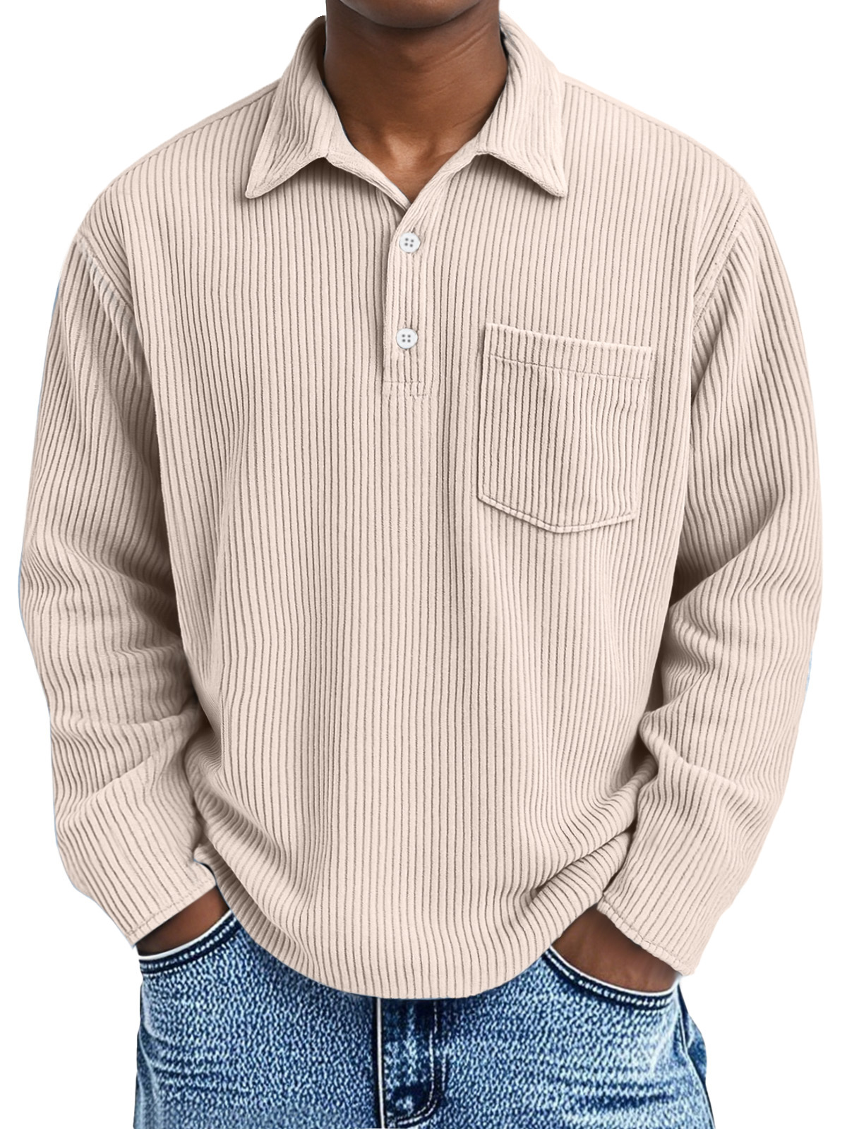 Men's corduroy Simple Solid Color Pit Lapel Button Long Sleeve POLO Shirt