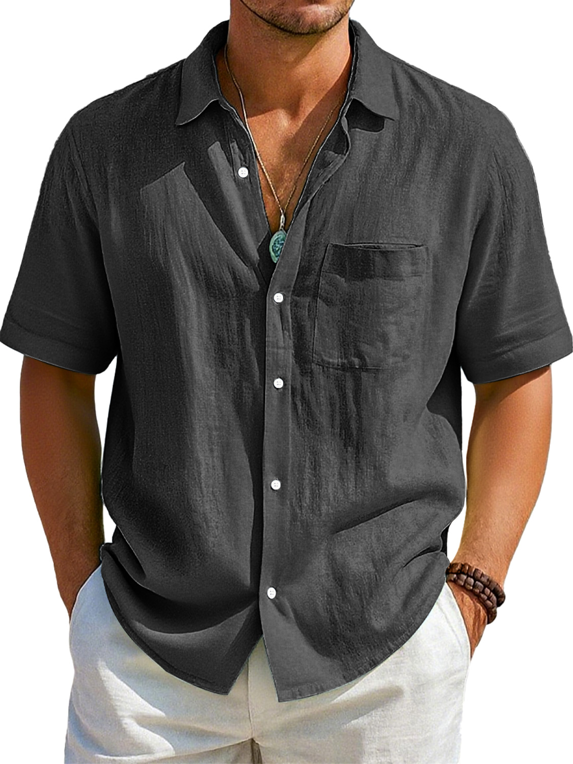 Men's Daily Imitation Linen Casual Pocket Lapel Comfortable Short Sleeve Shirt